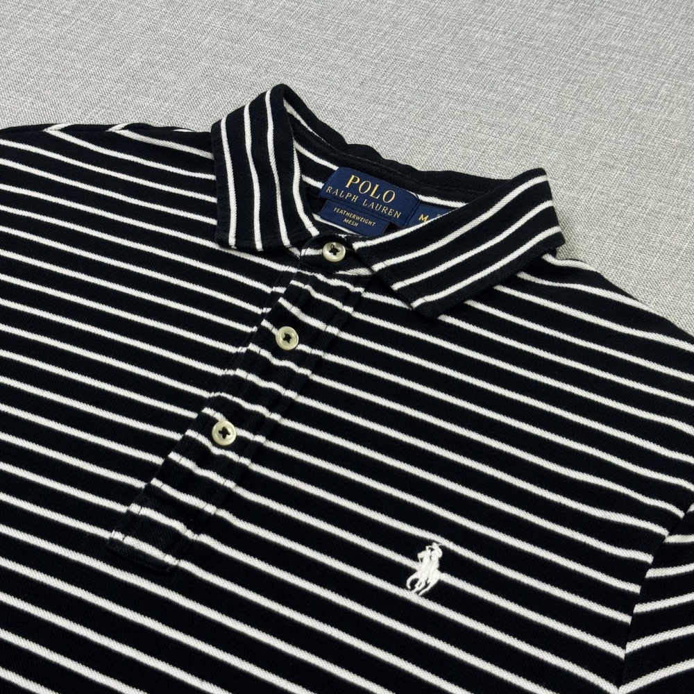 Polo Ralph Lauren Featherweight Mesh Polo Shirt Mens M Black Striped 100% Cotton